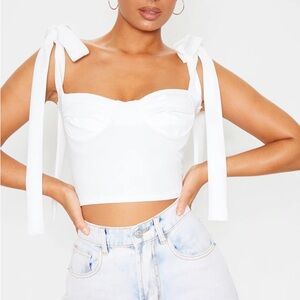 White Prettylittlething bow tie crop top
